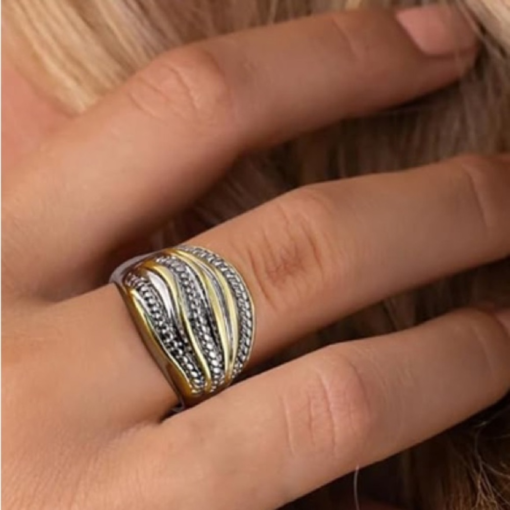 NEW Cross Cable Chunky Band Ring 18K Gold Plated Gold & Silver Mixed Metals